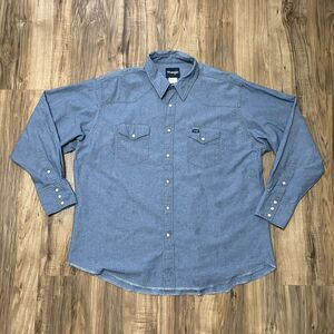 Wrangler Western Pearl Snap Light Wash Denim Long Sleeve Shirt Mens XXL